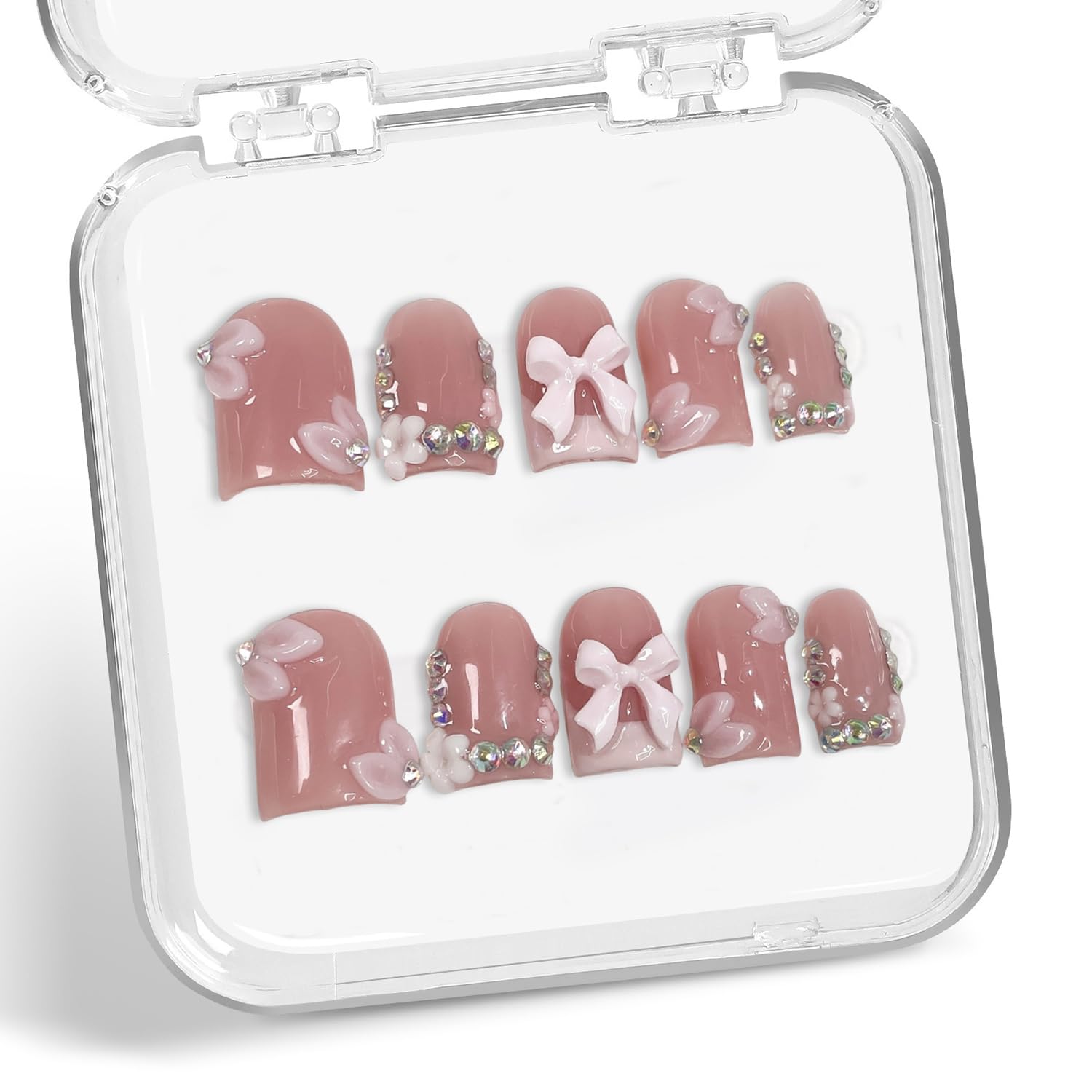 Handmade press-on nails with 3D flower and rhinestones for elegant occasions.