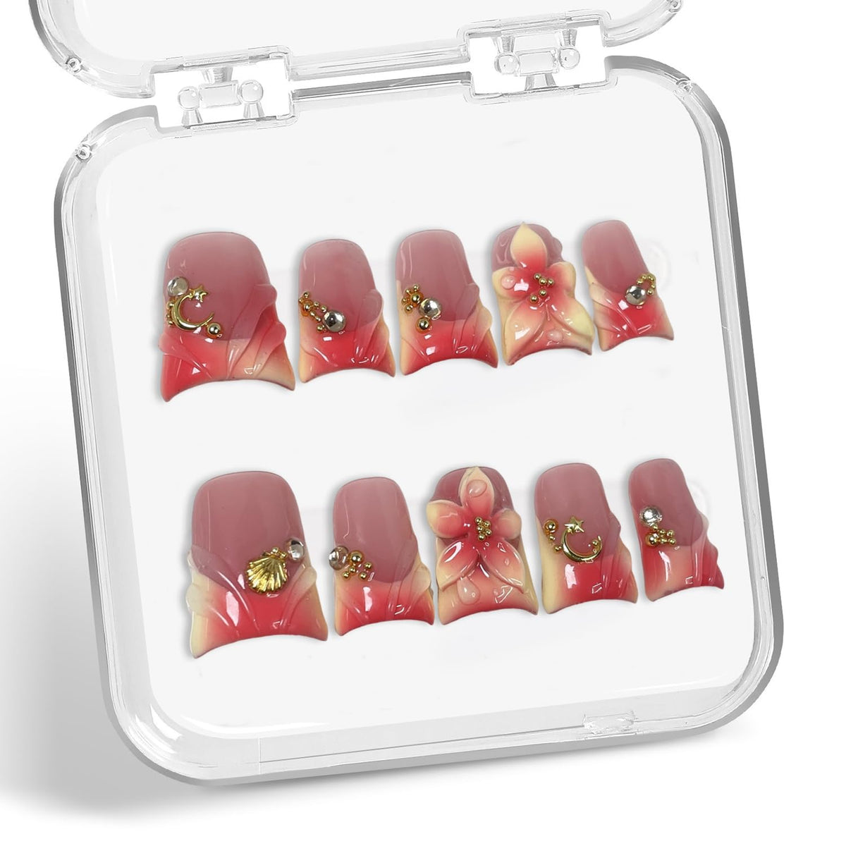 Handmade press-on nails with short duck shape and 3D flower art for chic at-home manicure