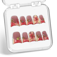 Handmade press-on nails with short duck shape and 3D flower art for chic at-home manicure