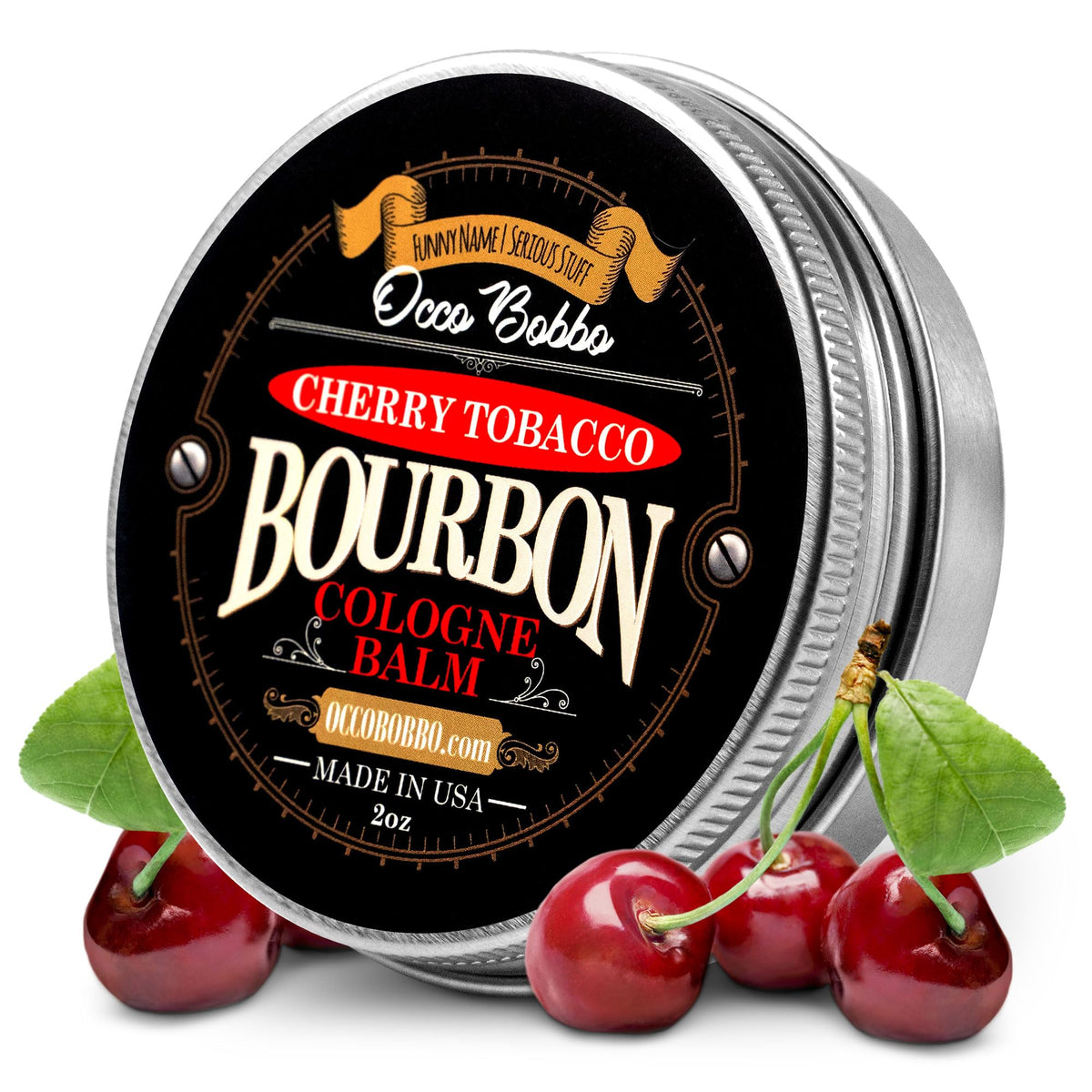 Handy Hound Occo Bobbo cherry tobacco bourbon solid cologne jar front for travel-ready fragrance