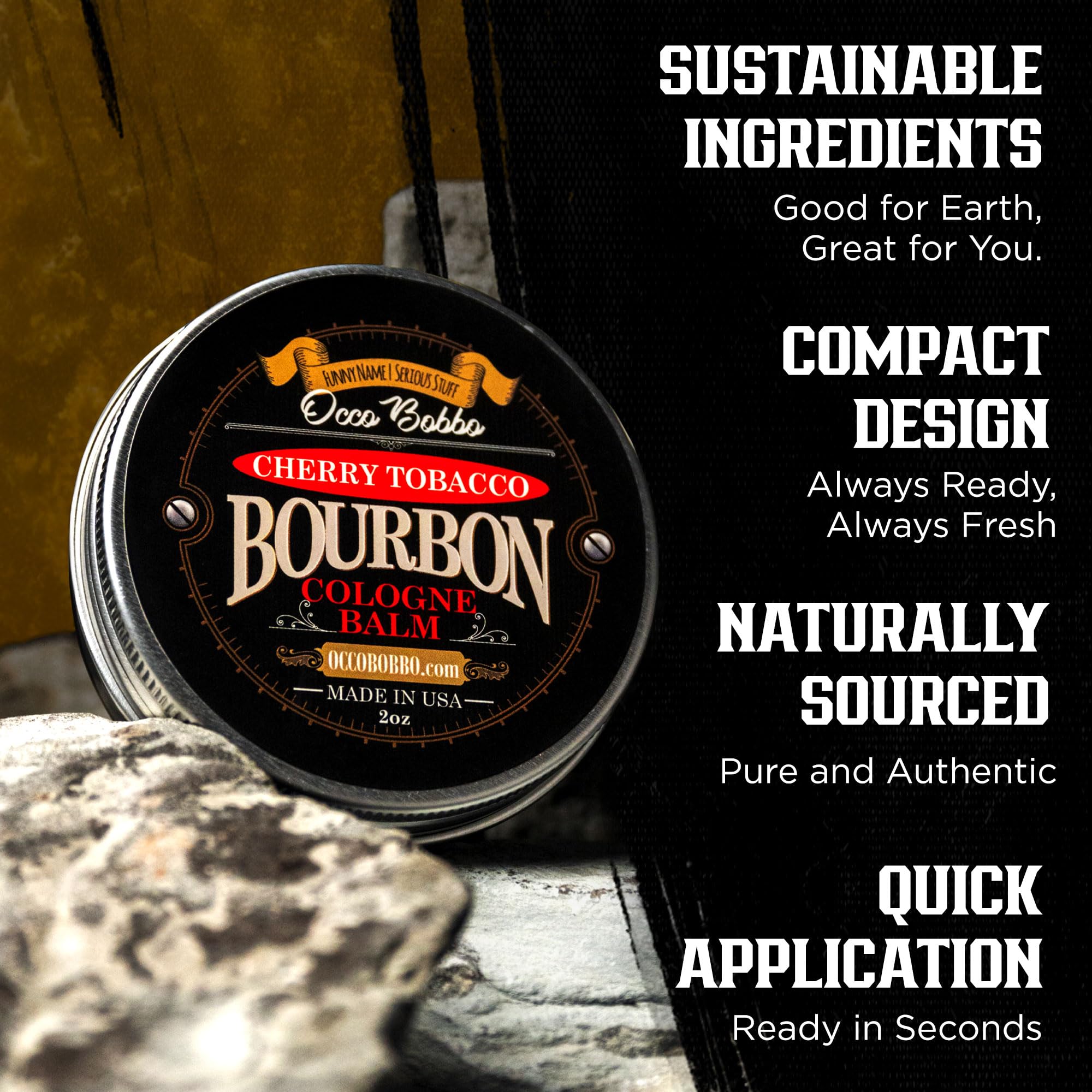 Handy Hound Occo Bobbo solid cologne tin open reveals cherry tobacco and bourbon notes