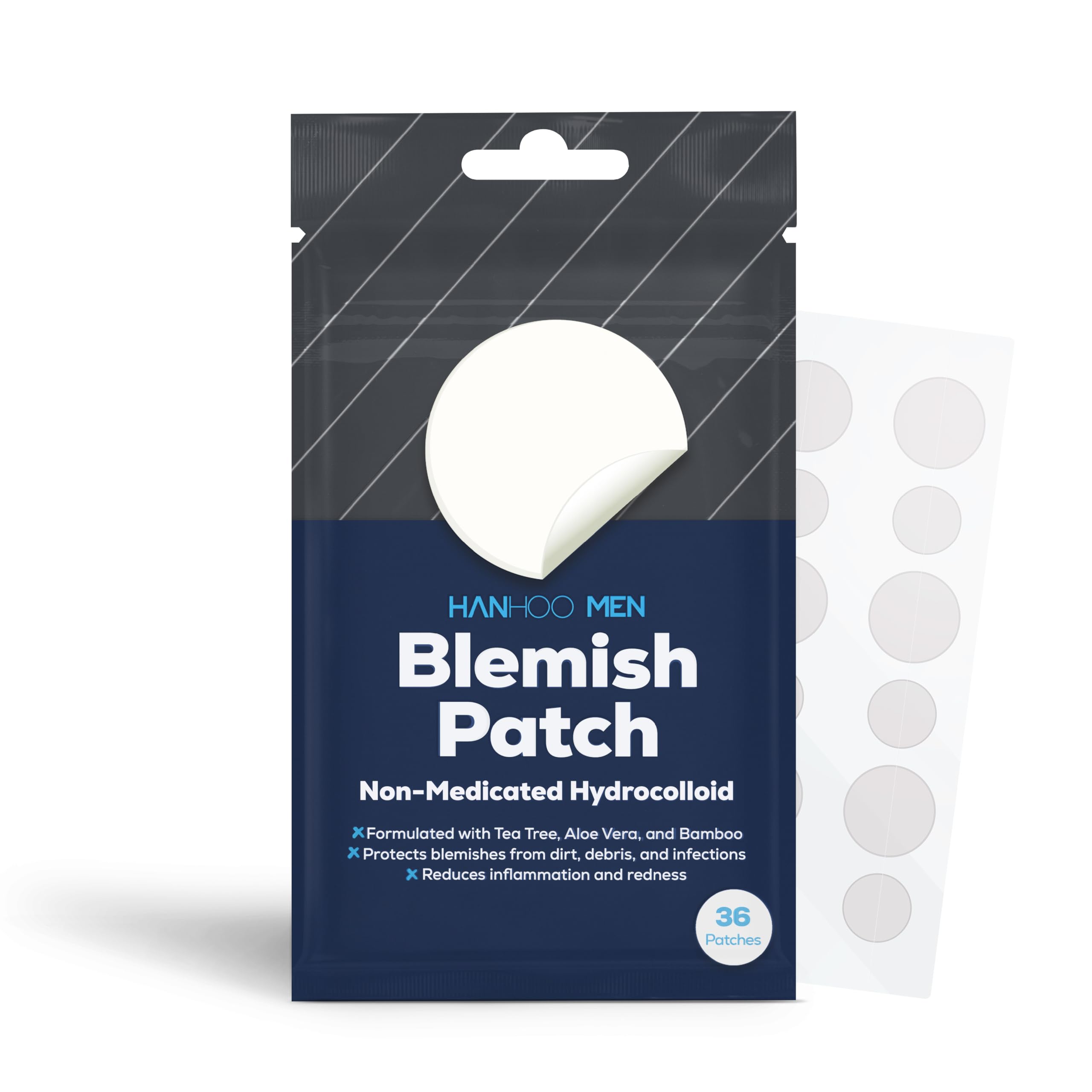 Hanhoo Men’s blemish patch with tea tree calms blemishes discreetly and invisibly.