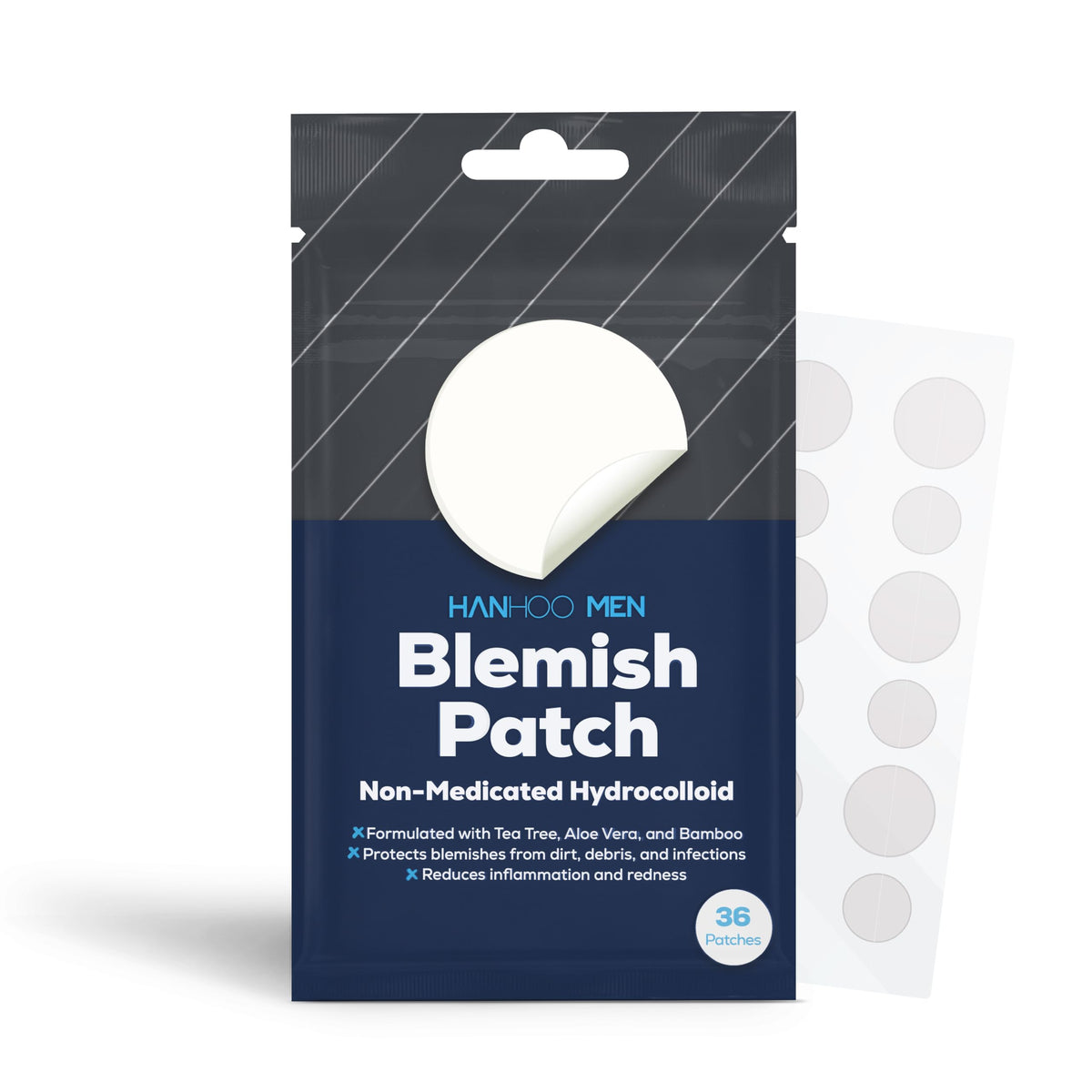 Hanhoo Men’s blemish patch with tea tree calms blemishes discreetly and invisibly.