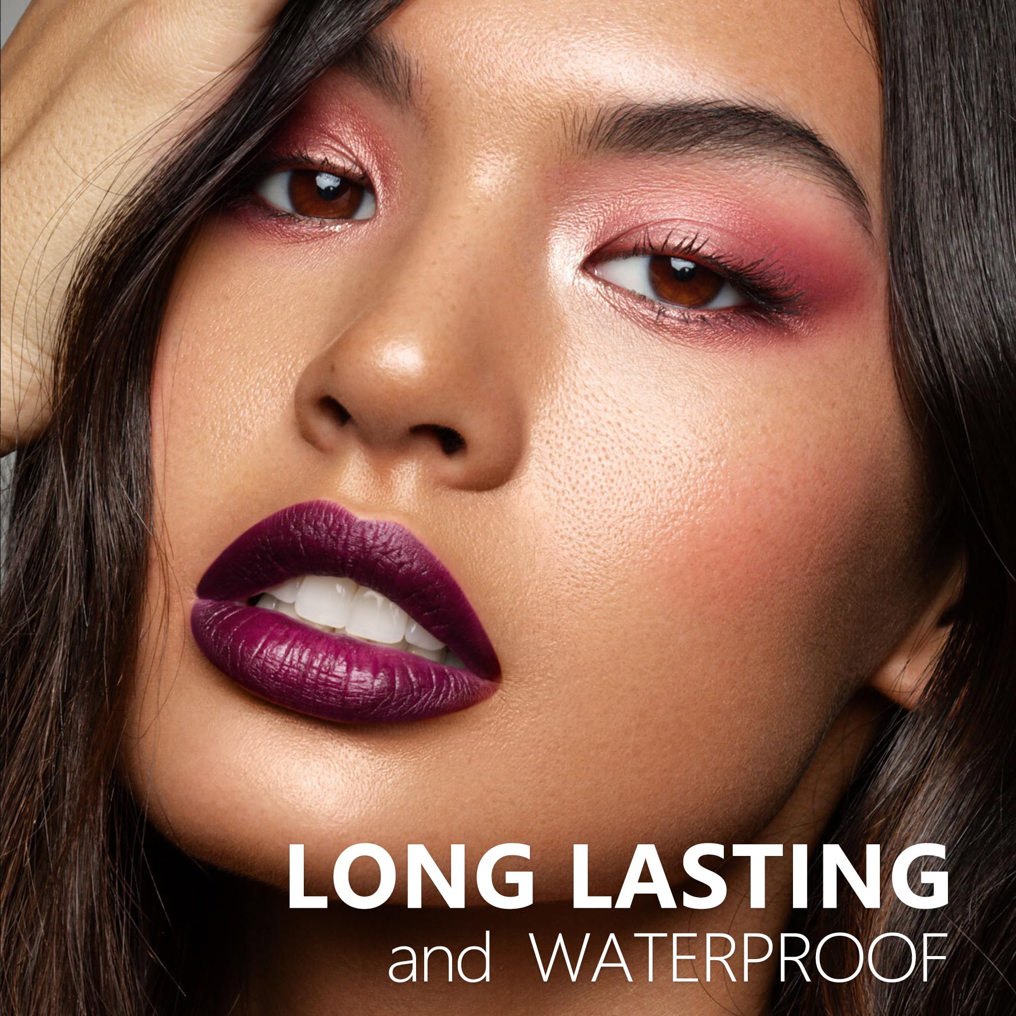 Matte finish swatches display rich berry tones across skin tones.