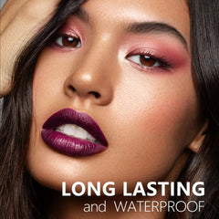 Matte finish swatches display rich berry tones across skin tones.