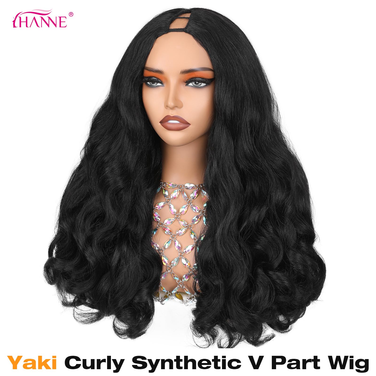 HANNE Yaki Curly V Part Wig front view demonstrates secure glueless fit