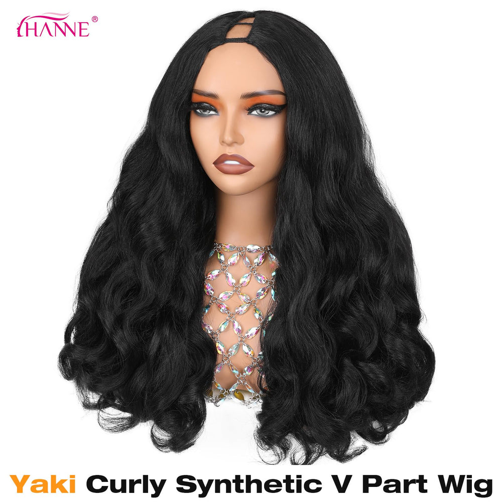 HANNE Yaki Curly V Part Wig front view demonstrates secure glueless fit