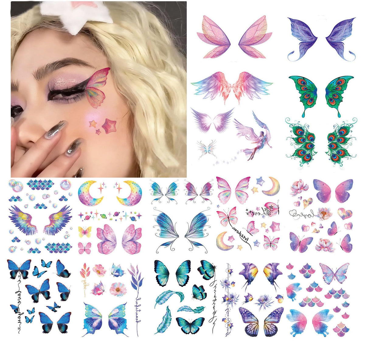 HANSAMU 14-sheets glitter butterfly tattoos for sparkling party looks.