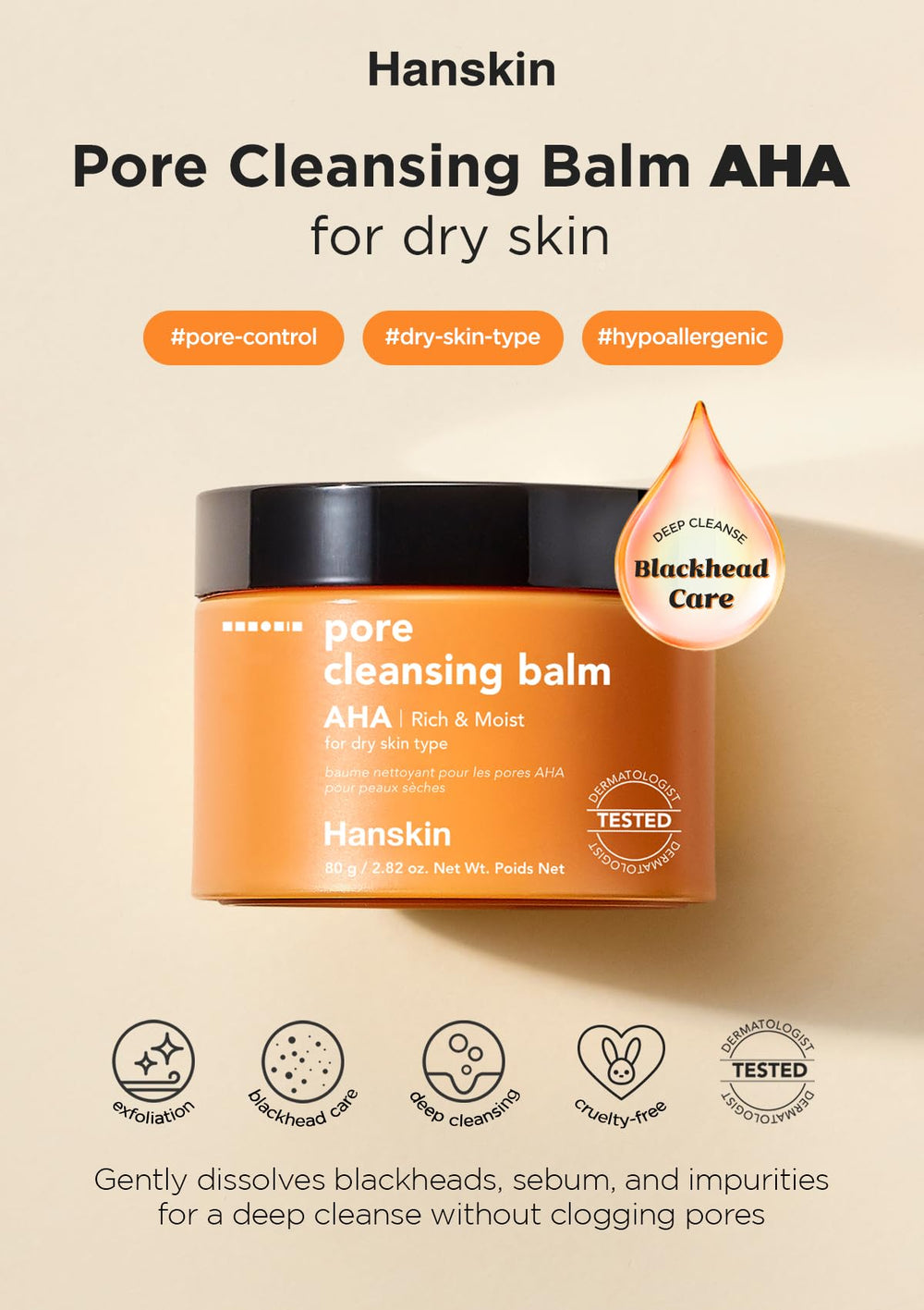 Hanskin AHA Pore Cleansing Balm melts into oil to dissolve sunscreen and heavy makeup.