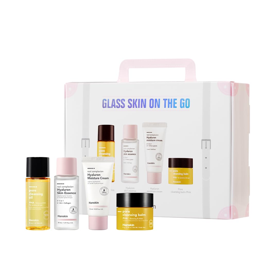 Hanskin Glass Skin On-the-Go Kit packaging highlights travel-friendly ritual for glowing, hydrated skin.