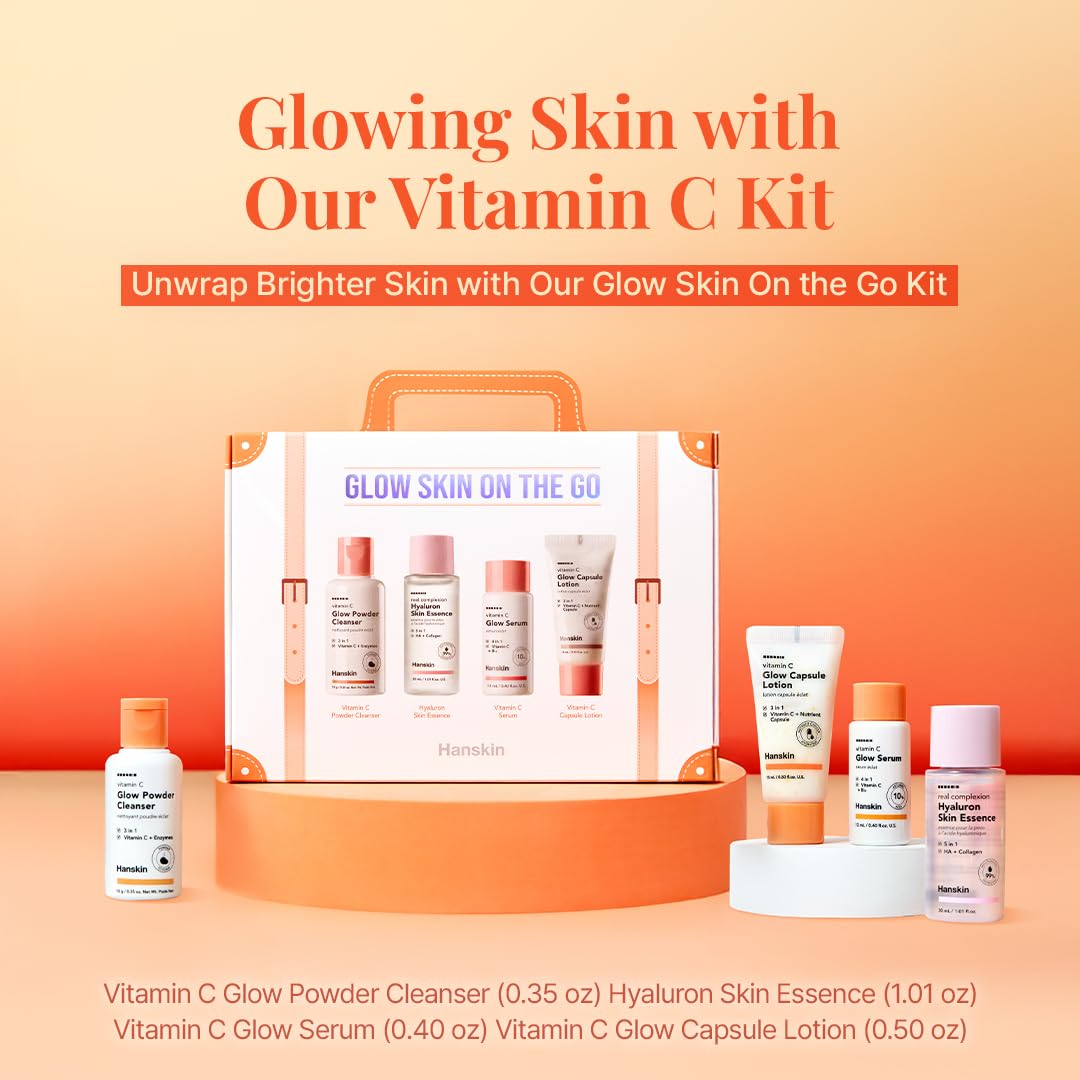 Hanskin Vitamin C Glow Serum bottle brightens and revitalizes uneven tones.