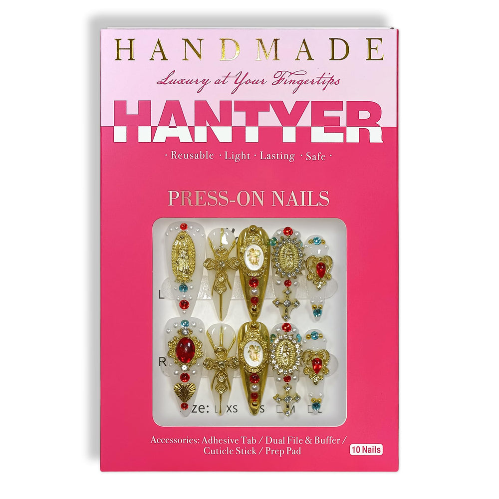 Hantyer Gold Madonna and Cross charms on nails for vintage flair