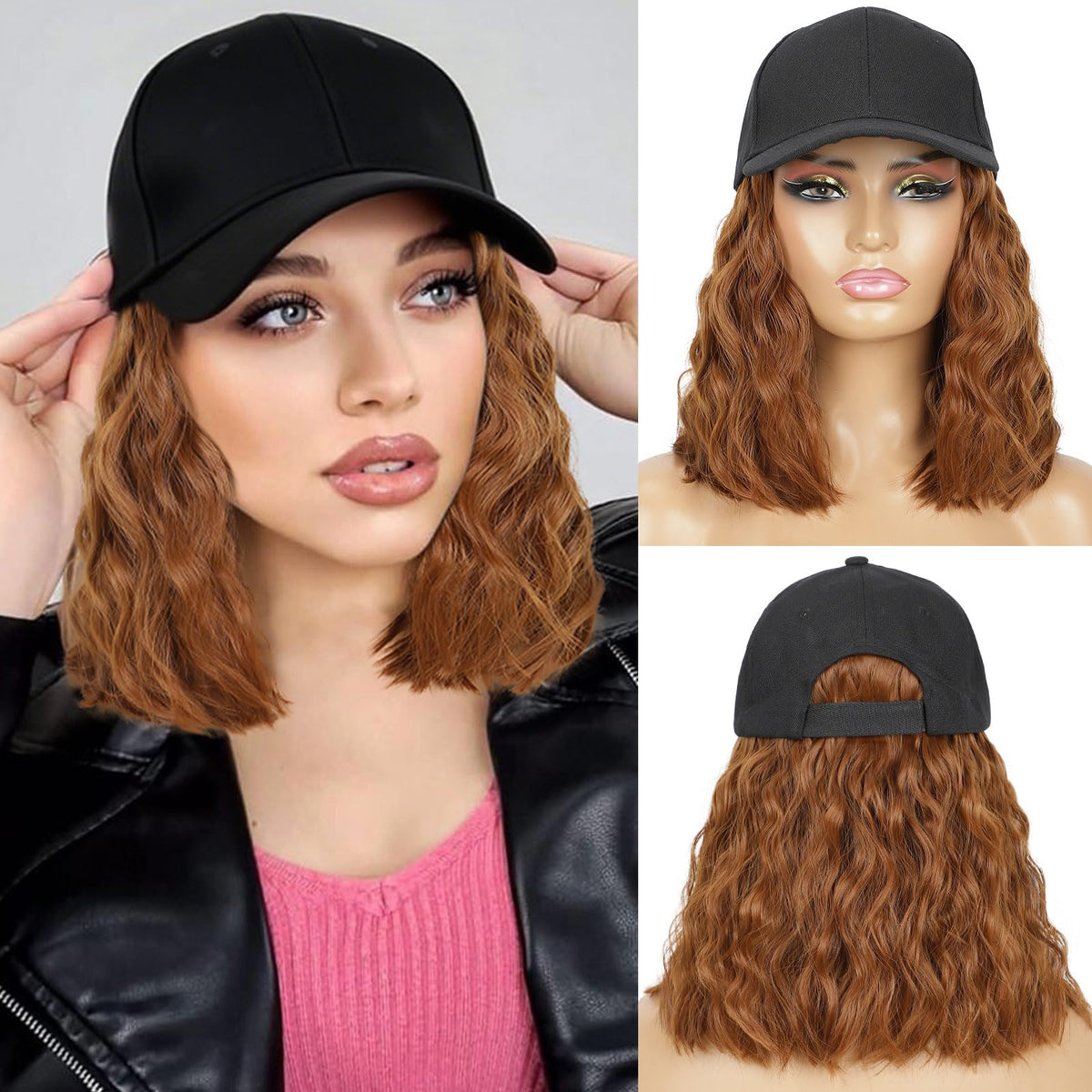 HANYUDIE hat wig with curly hair extensions for everyday wear