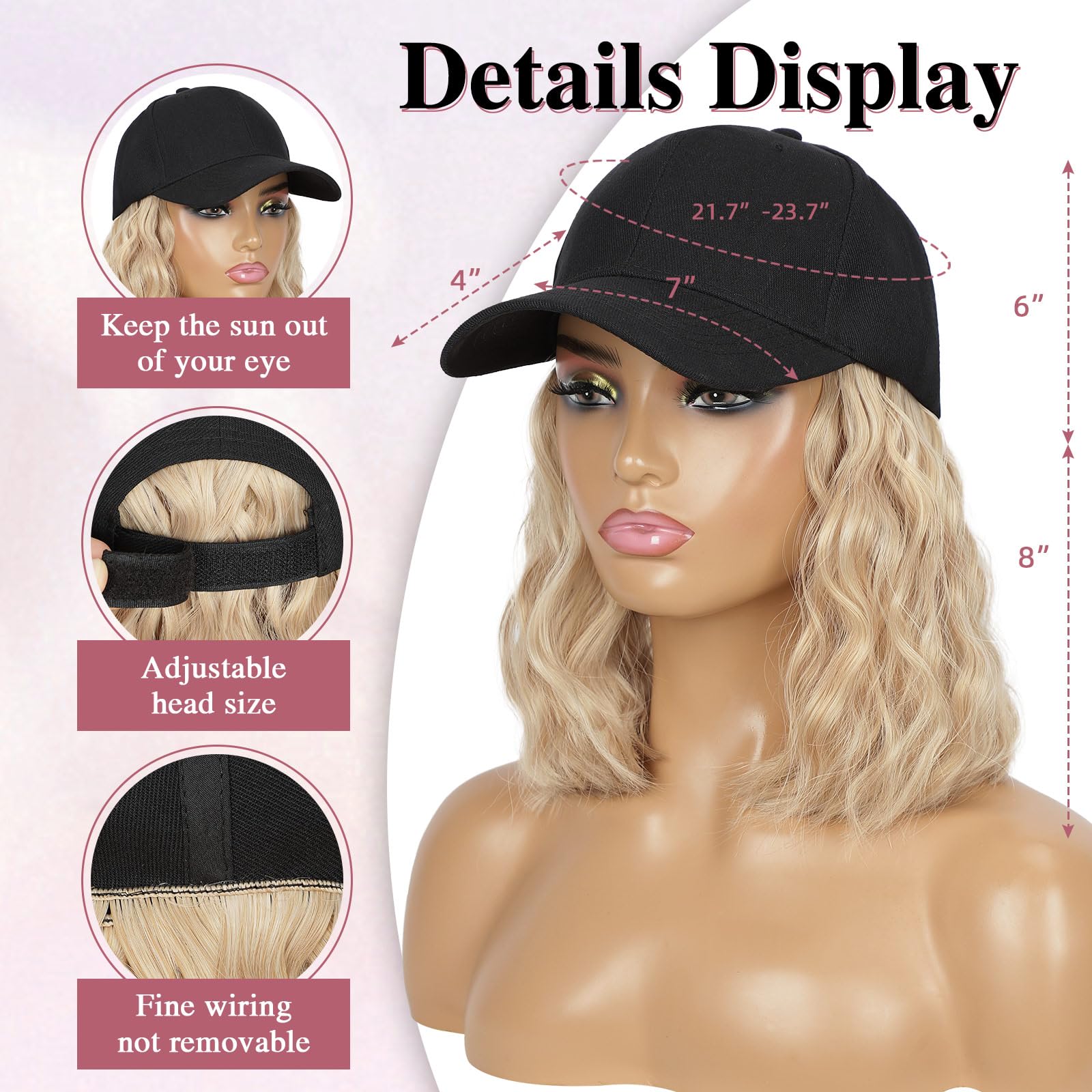 HANYUDIE hat wig close-up extensions showing integrated curly hair strands