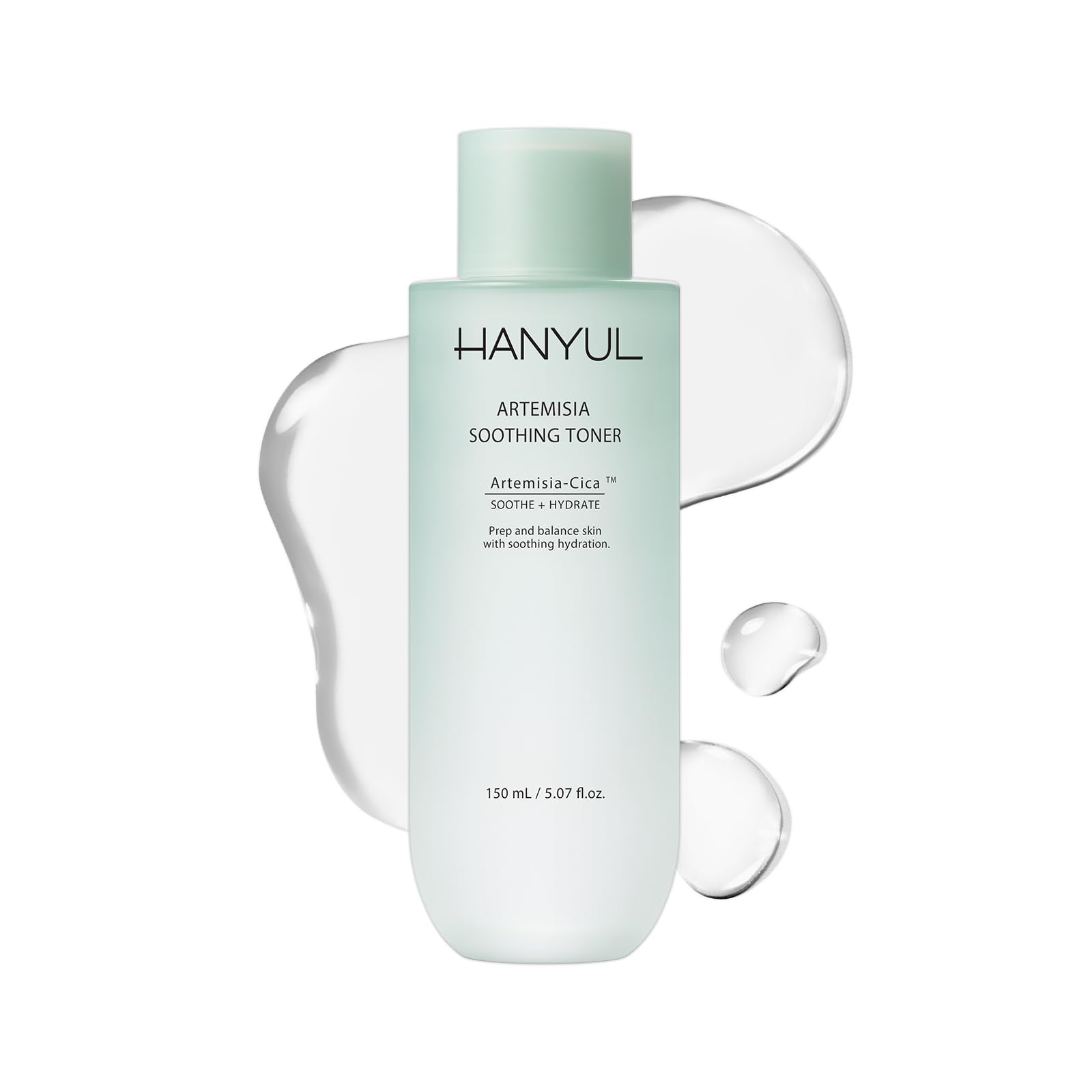 HANYUL Artemisia Toner bottle pouring for calming hydration.