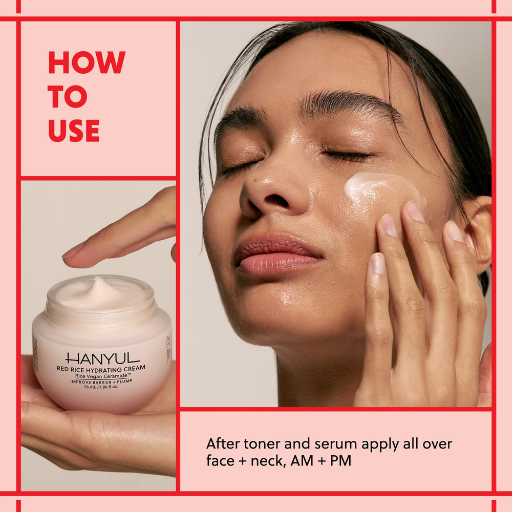 Packaging display of HANYUL Red Rice Hydrating Cream vegan ceramide formula