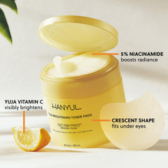 HANYUL Yuja Toner Pads crescent pads for targeted brightening under eyes.