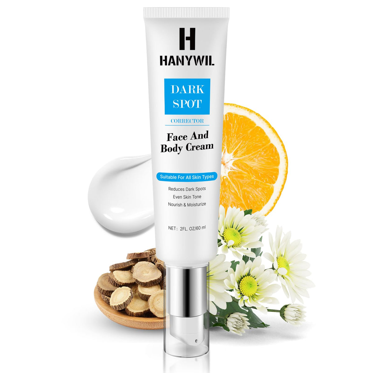 HANYWIL dark spot remover bottle close-up for even skin tone.