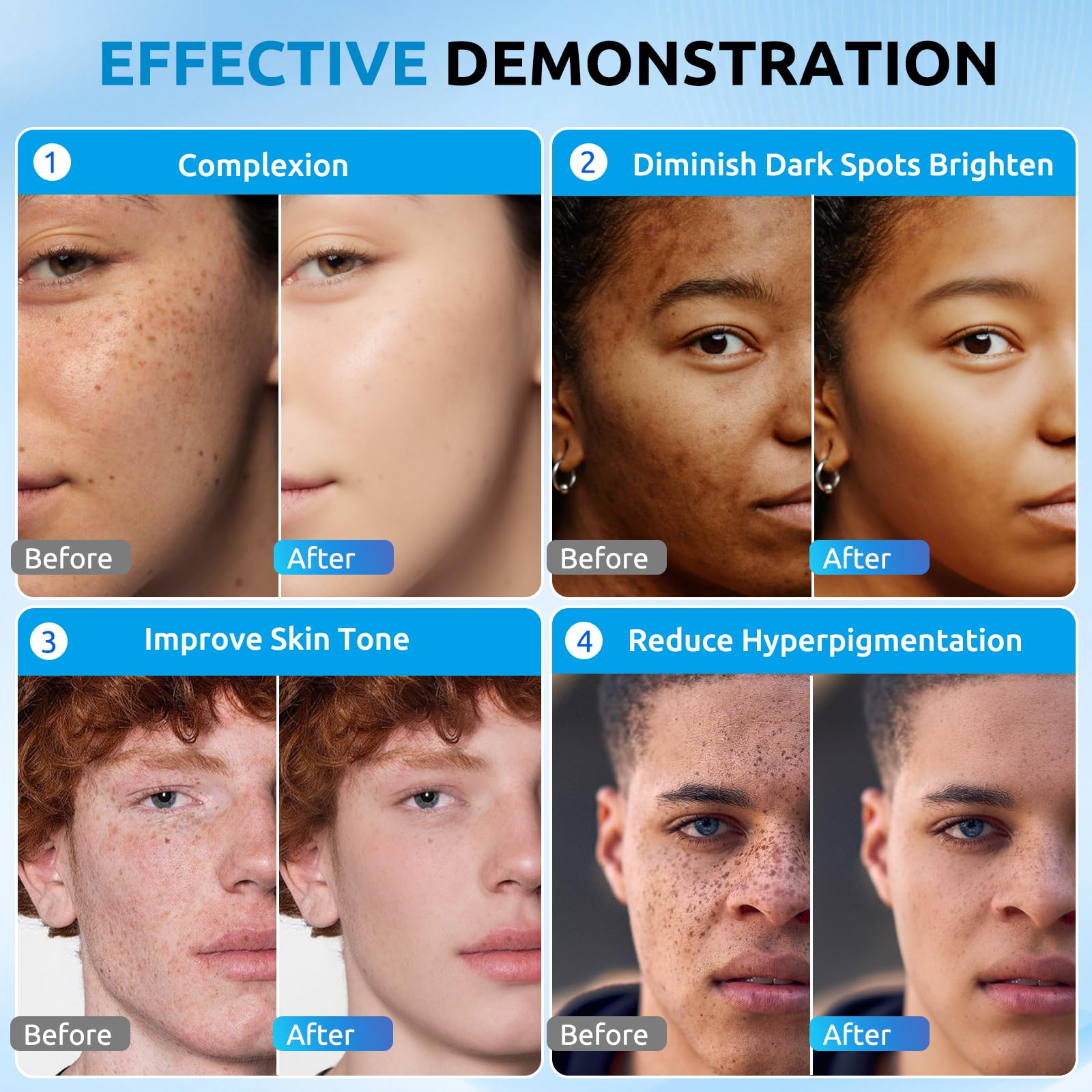 Before-and-after face close-up illustrating spot reduction.