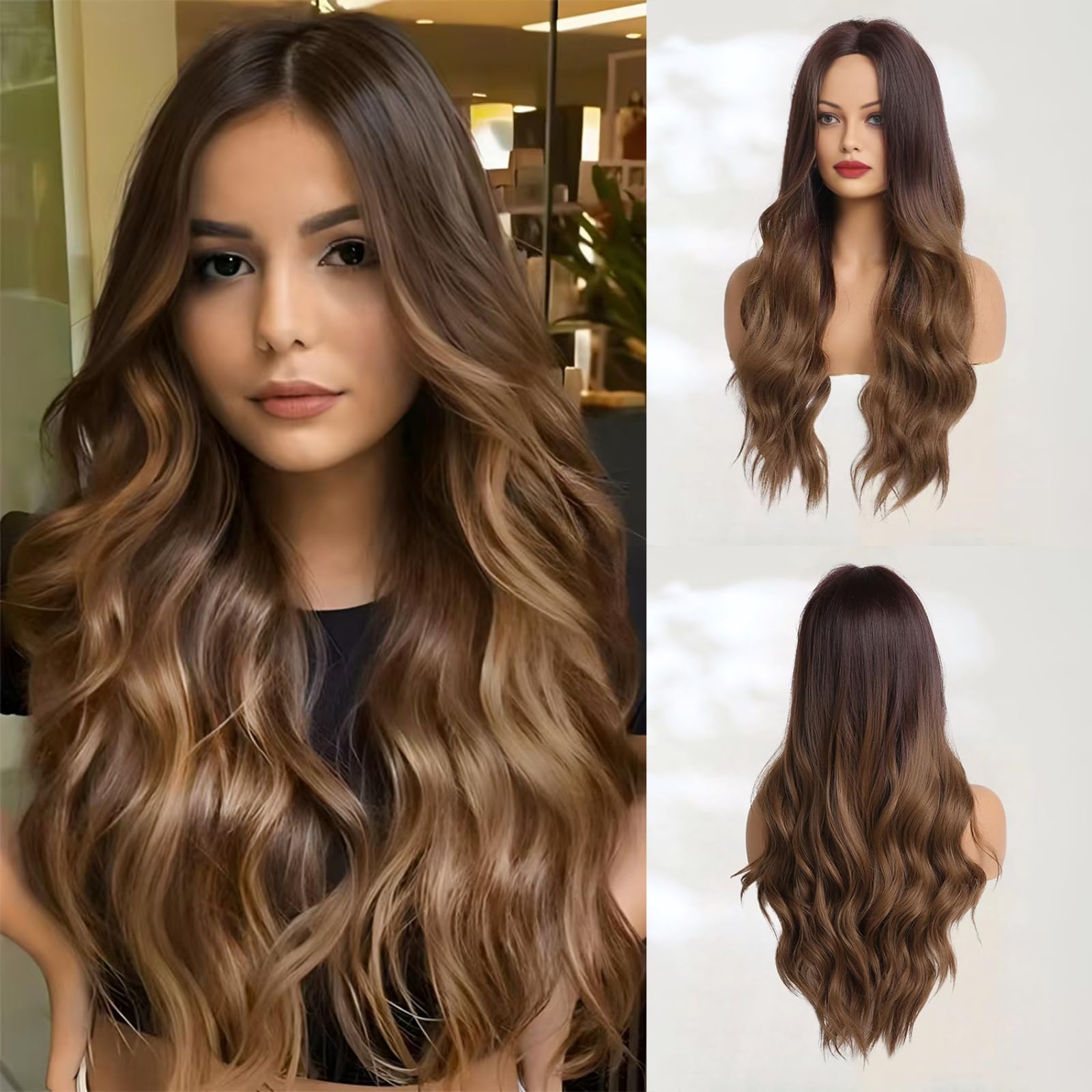 Haoland long ombre brown wavy wig front view with natural hairline and volume.