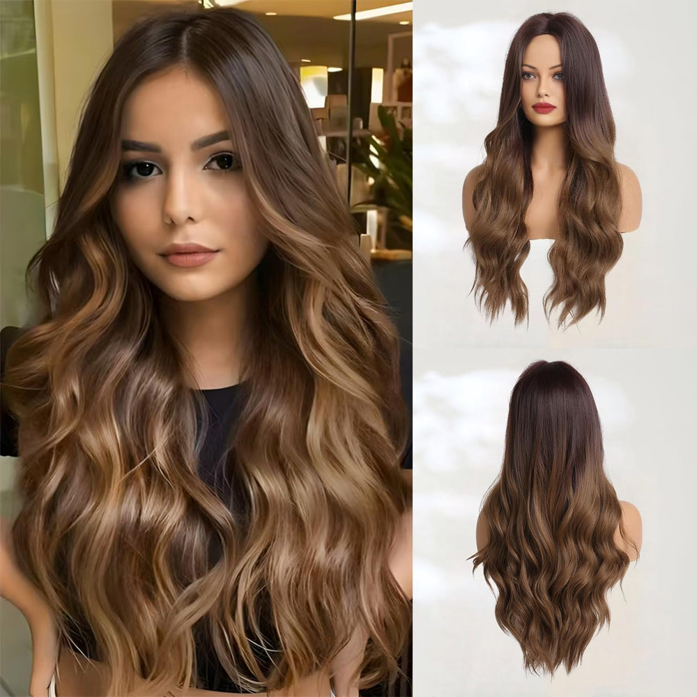 Haoland long ombre brown wavy wig front view with natural hairline and volume.