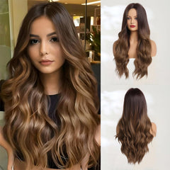 Haoland long ombre brown wavy wig front view with natural hairline and volume.