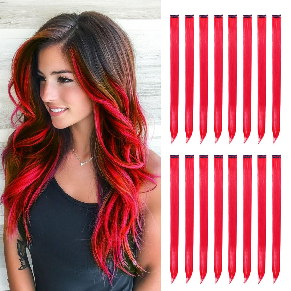 HappClan red hair extensions package showing easy clip-in system for quick styling.