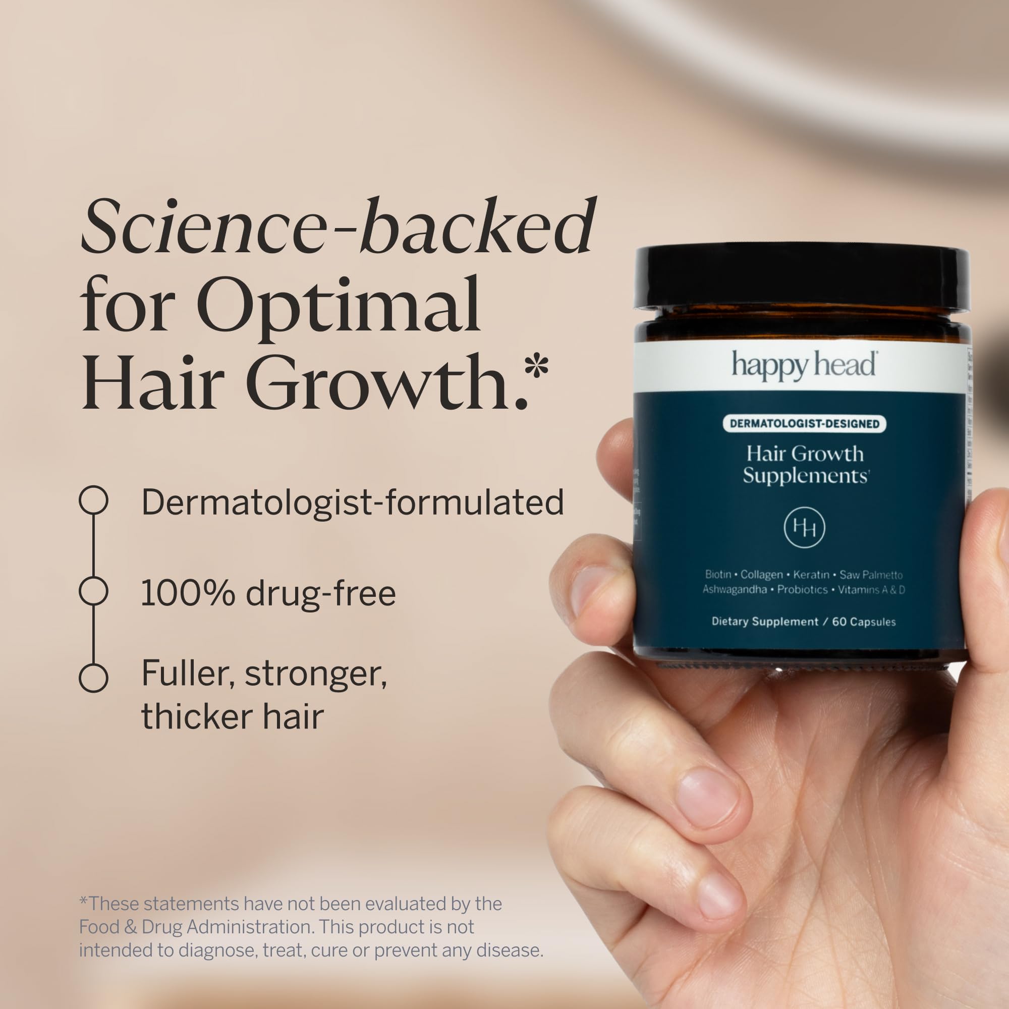 Happy Head hair growth capsules close-up for convenient hair nourishment.