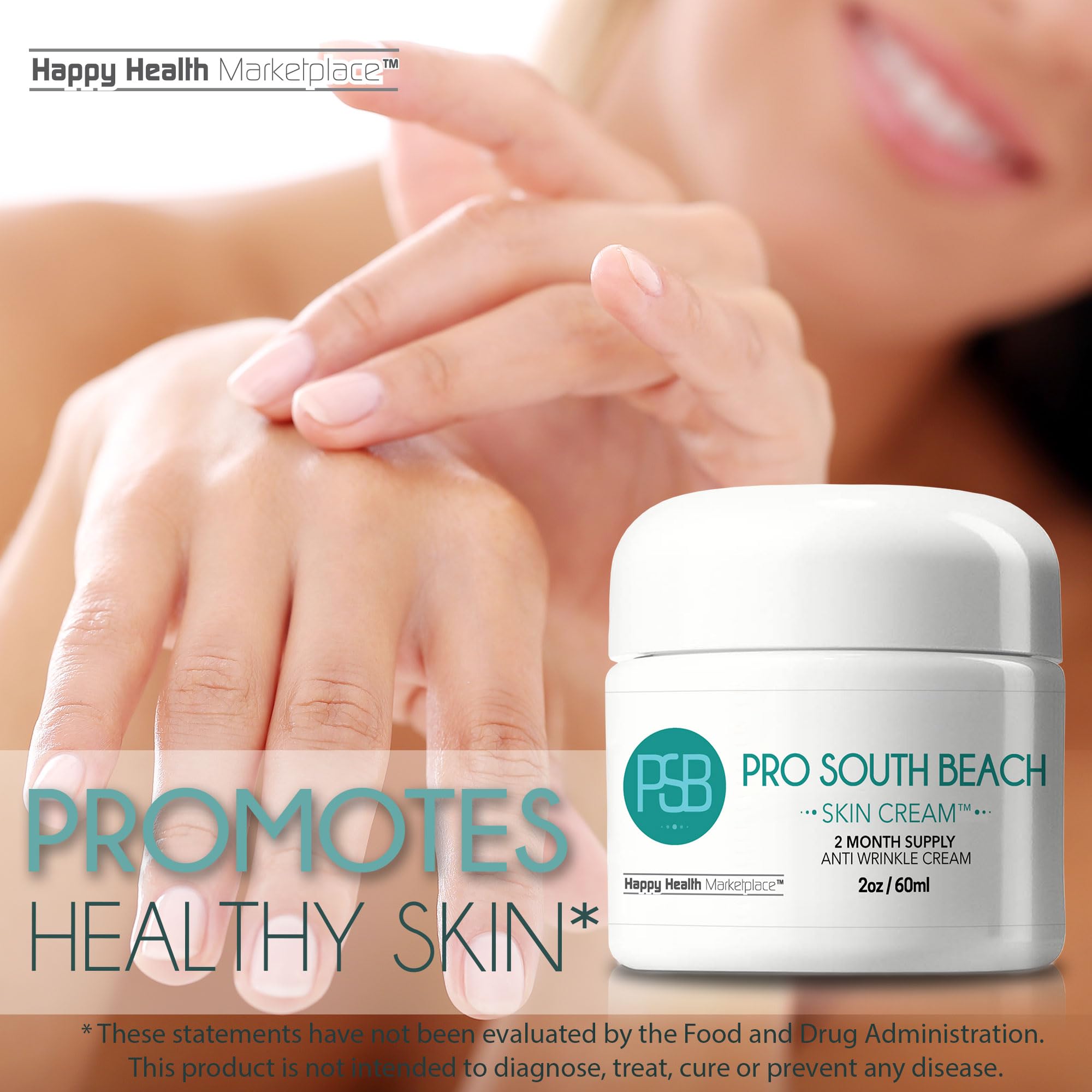 Application steps for Happy Health Pro South Beach Skin Cream on countertop.