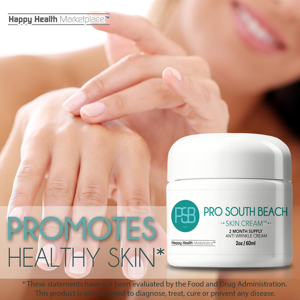 Application steps for Happy Health Pro South Beach Skin Cream on countertop.
