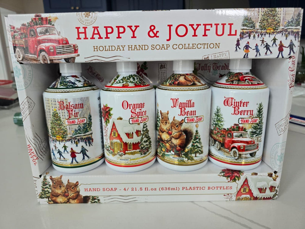 Happy & Joyful Balsam Fir Hand Soap bottle enhances seasonal hand washing with festive scent.