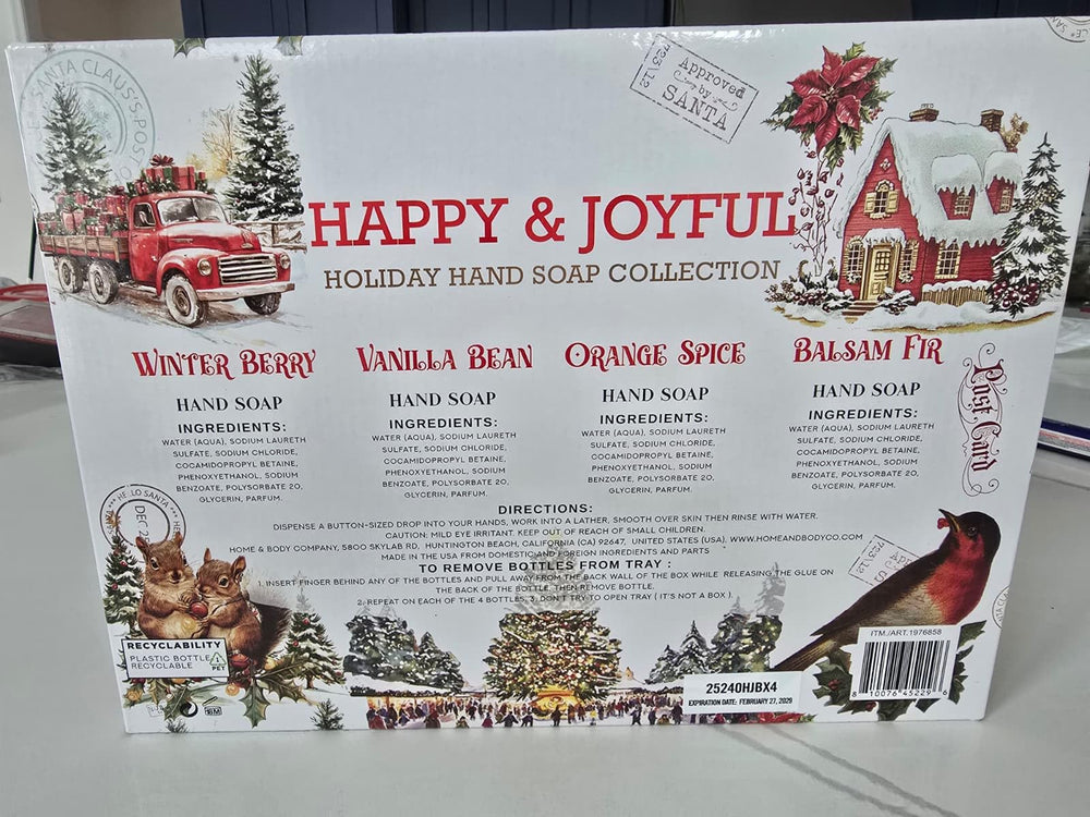 Happy & Joyful Orange Spice Hand Soap bottle offers warm citrus aroma for cozy gatherings.