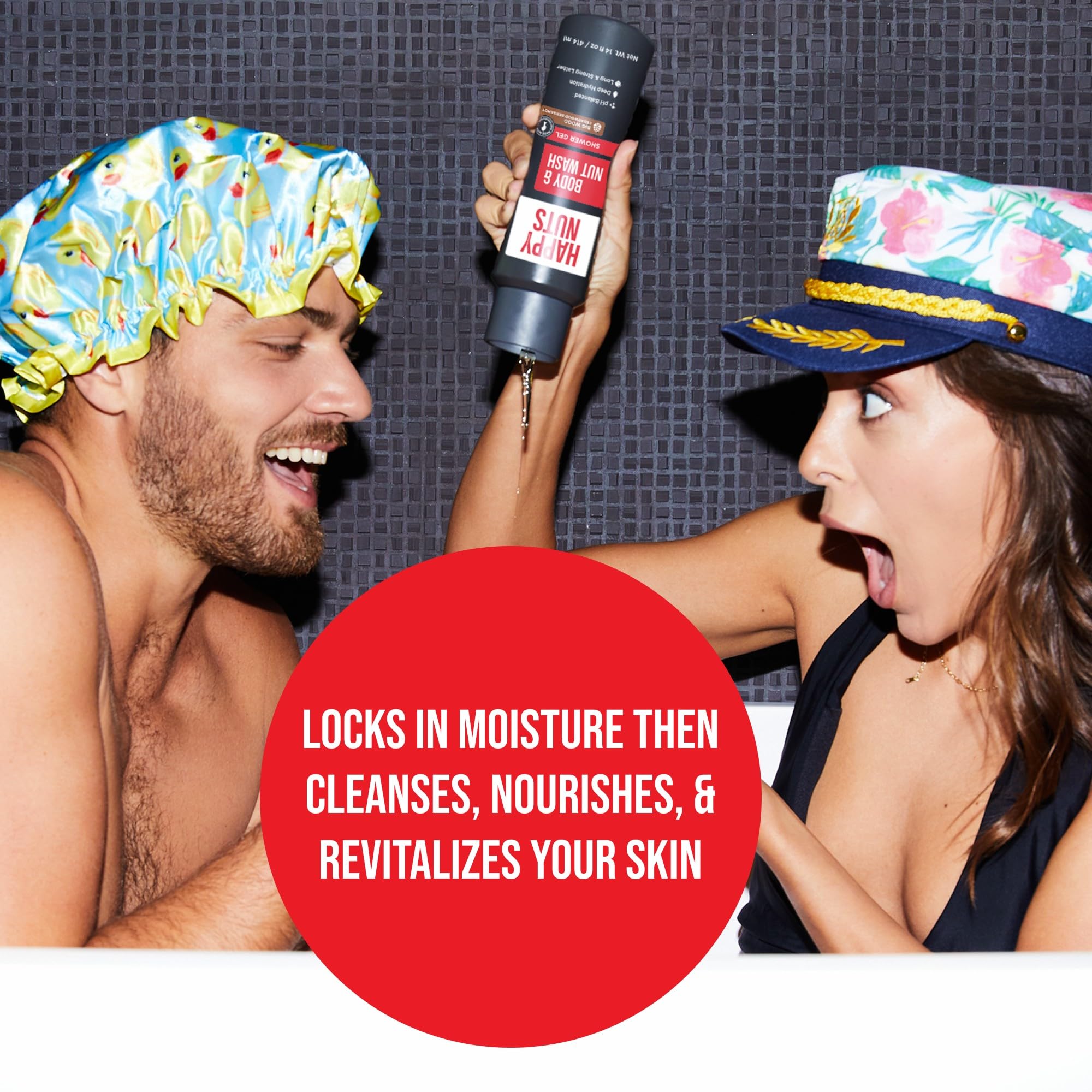 Happy Nuts Big Wood Body Wash pours for a quick, invigorating shower.
