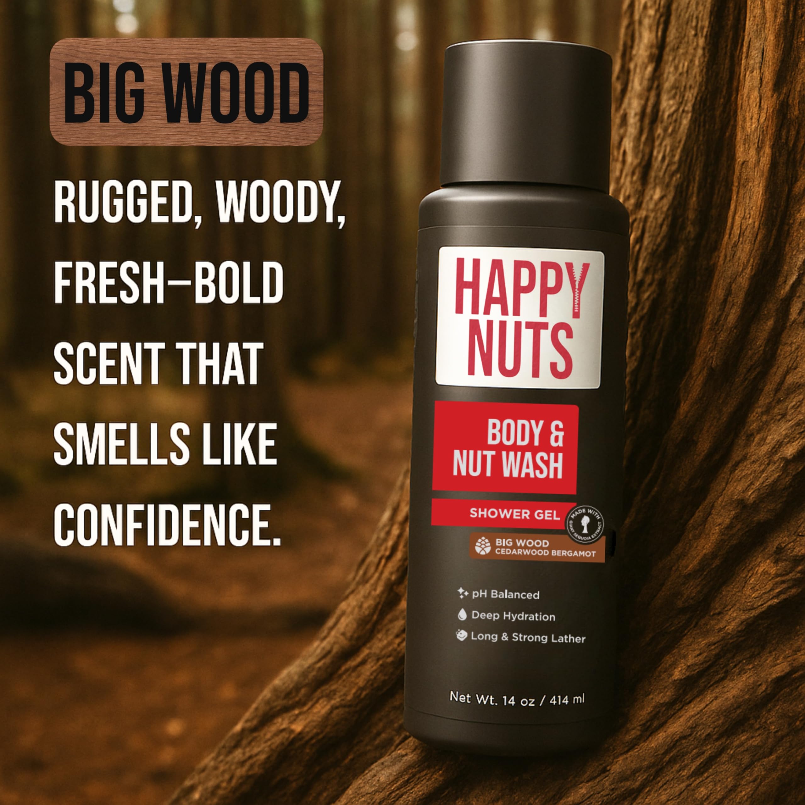 Splash scene highlighting the sandalwood scent of Big Wood.