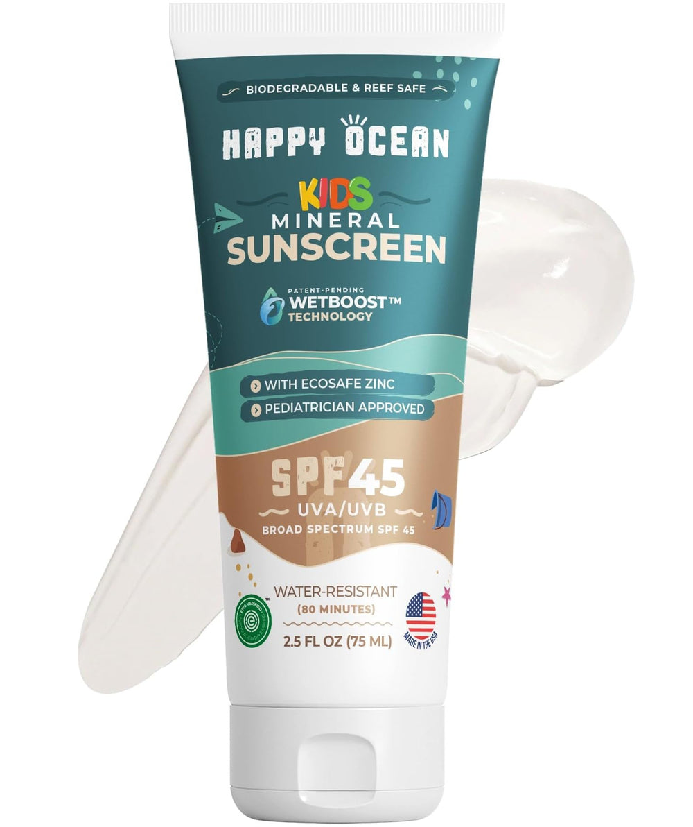 Happy Ocean SPF 45 packaging highlights reef-safe mineral sunscreen for kids.