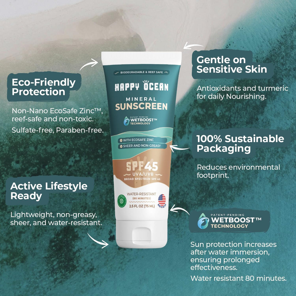Happy Ocean SPF 45 reef safe packaging in sugarcane resin