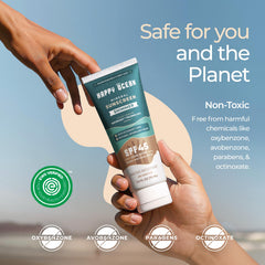 Happy Ocean SPF 45 packaging shows reef safe biodegradable formula