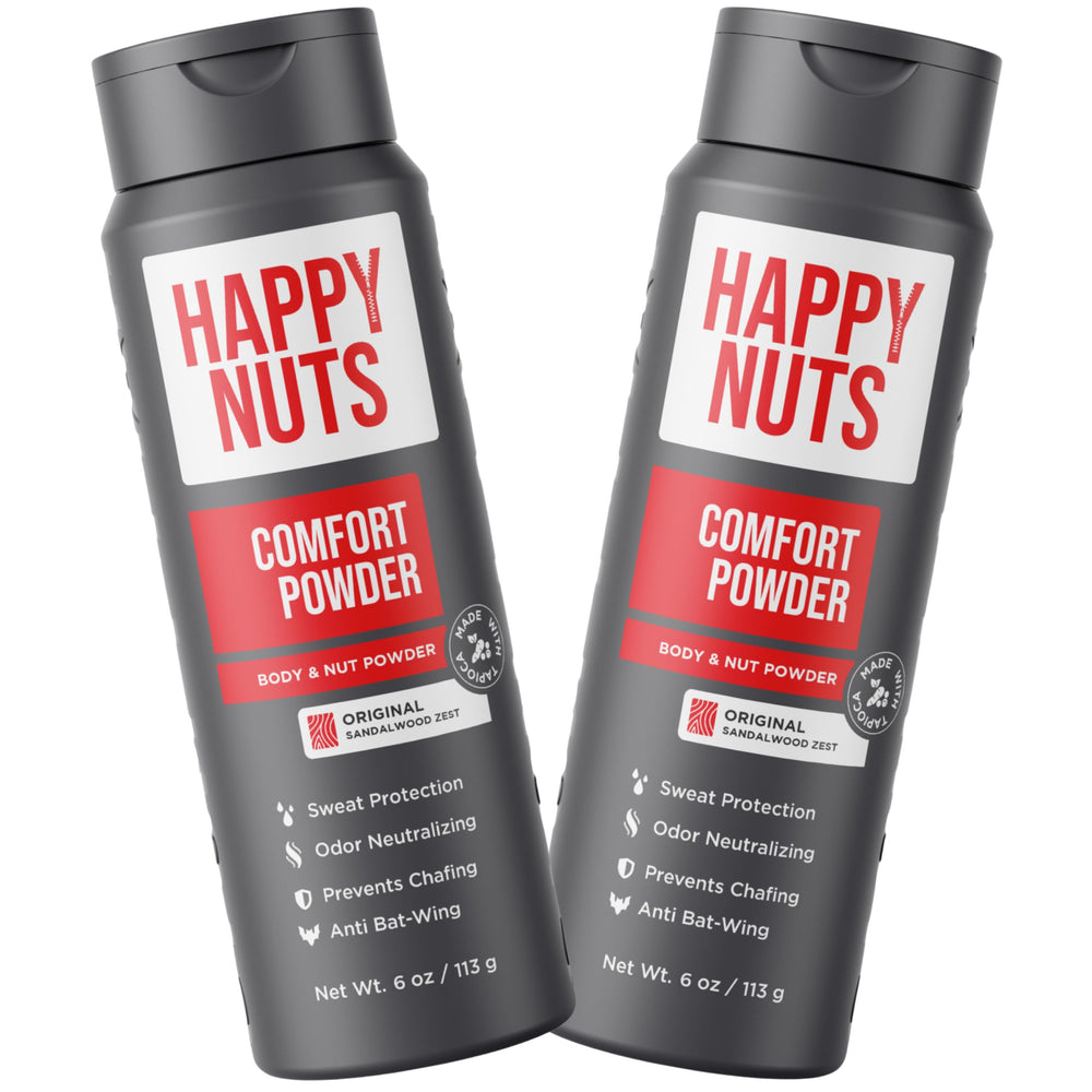 Happy Nuts Comfort Powder bottle front view highlighting branding and all-day comfort