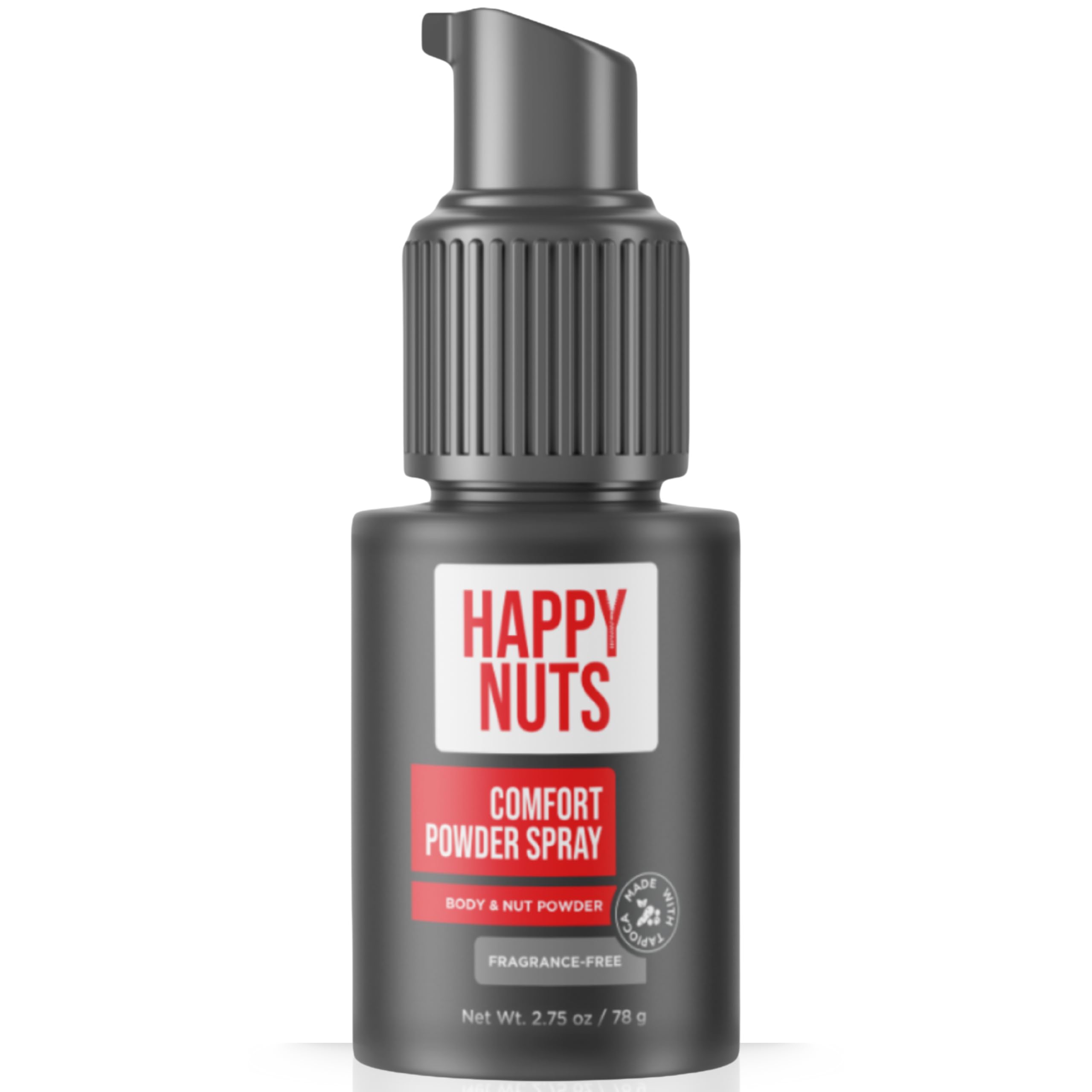 HAPPY NUTS Comfort Powder Spray Bottle delivers all-day fragrance-free comfort.