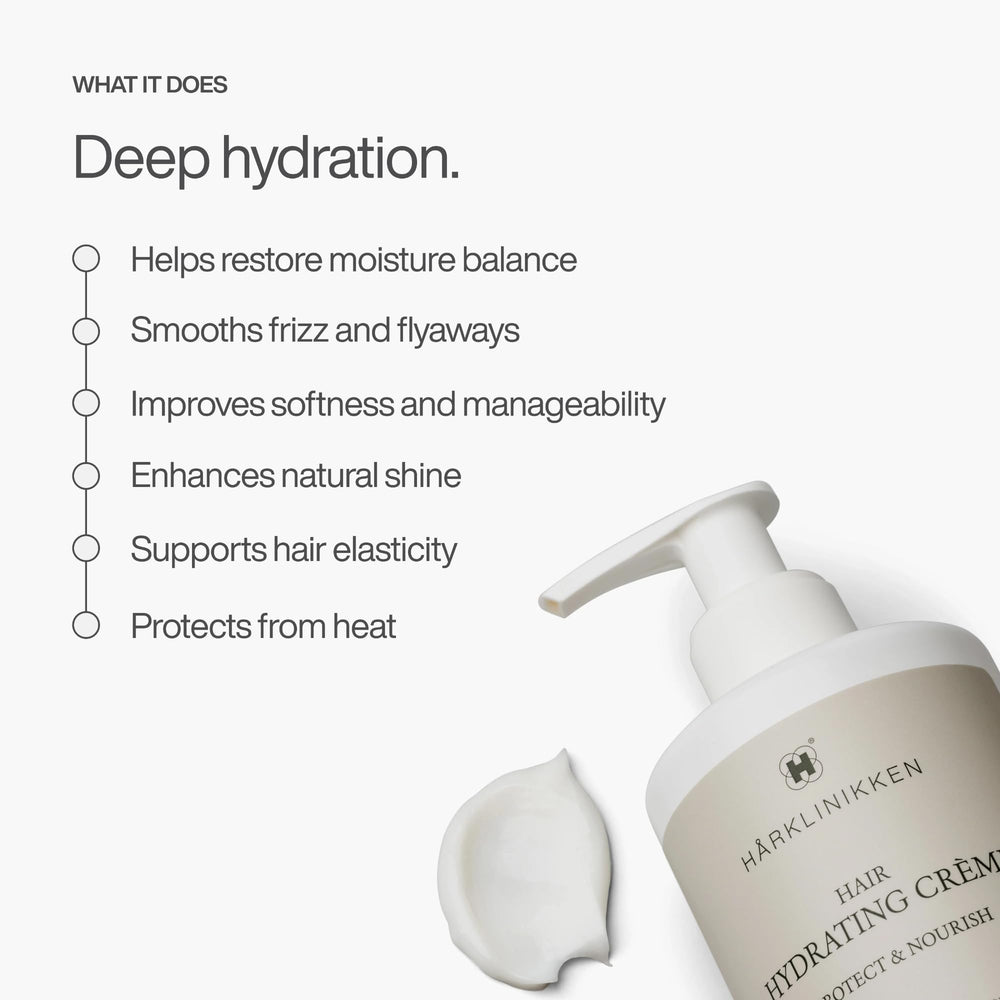 Harklinikken Hair Hydrating Creme application on hands shows quick emulsification for dry or curly hair
