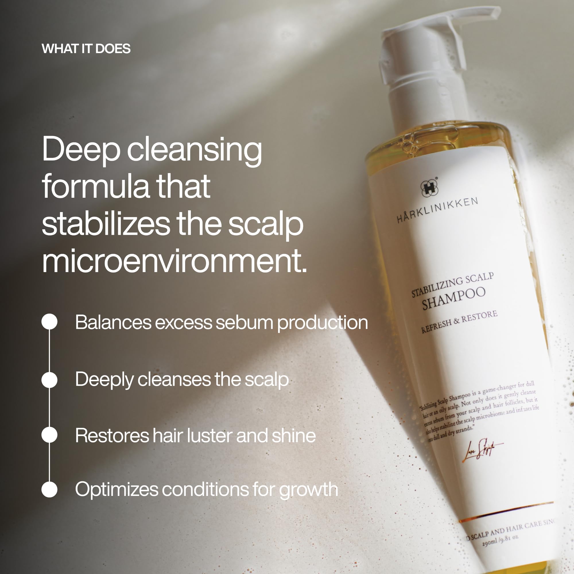 Close-up on burdock root and ingredients in Harklinikken Stabilizing Scalp Shampoo for scalp balance