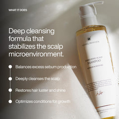 Close-up on burdock root and ingredients in Harklinikken Stabilizing Scalp Shampoo for scalp balance