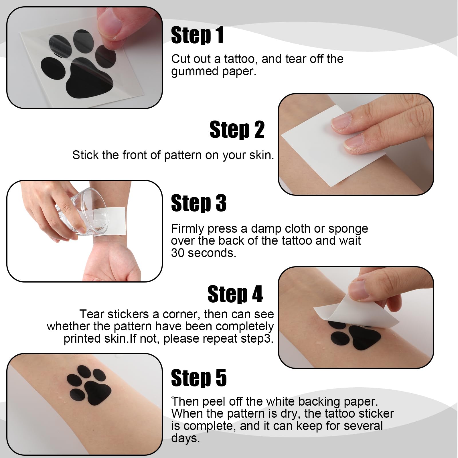 Closeup of Harloon paw print sheet tattoos — vibrant black ink