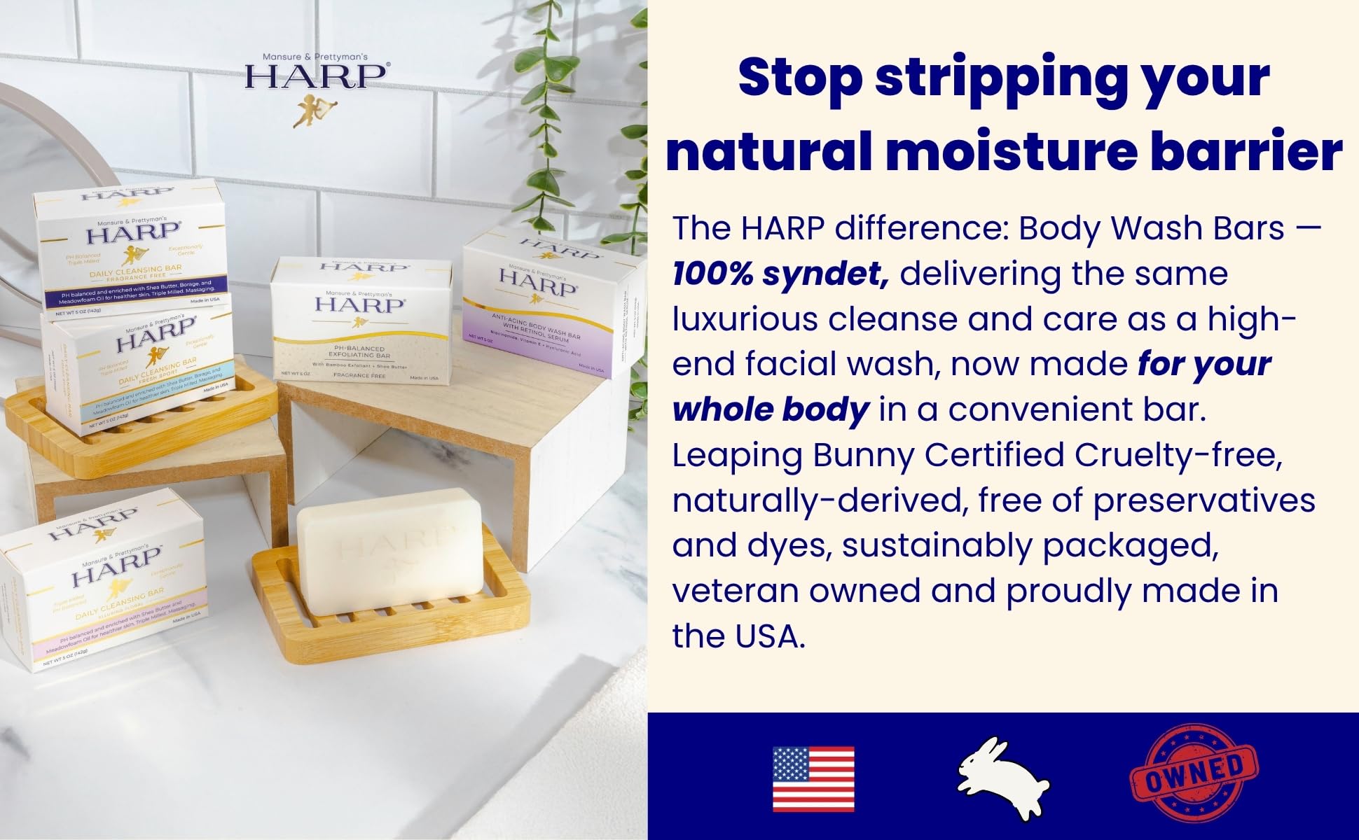 HARP soap-free pH-balanced bar close-up illustrating gentle daily cleanser