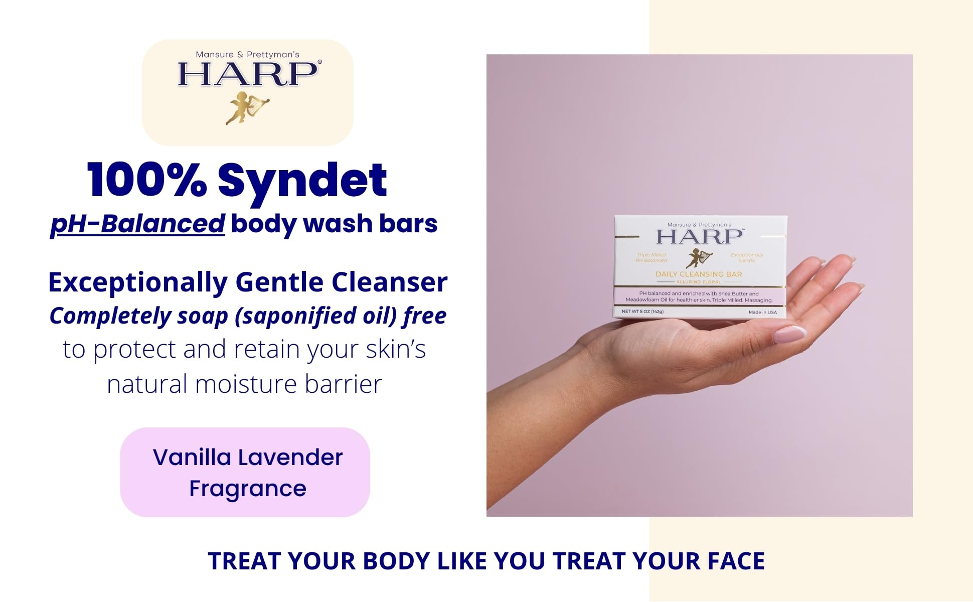 Close-up of ingredients on HARP bar highlighting shea butter and oils