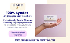 Close-up of ingredients on HARP bar highlighting shea butter and oils