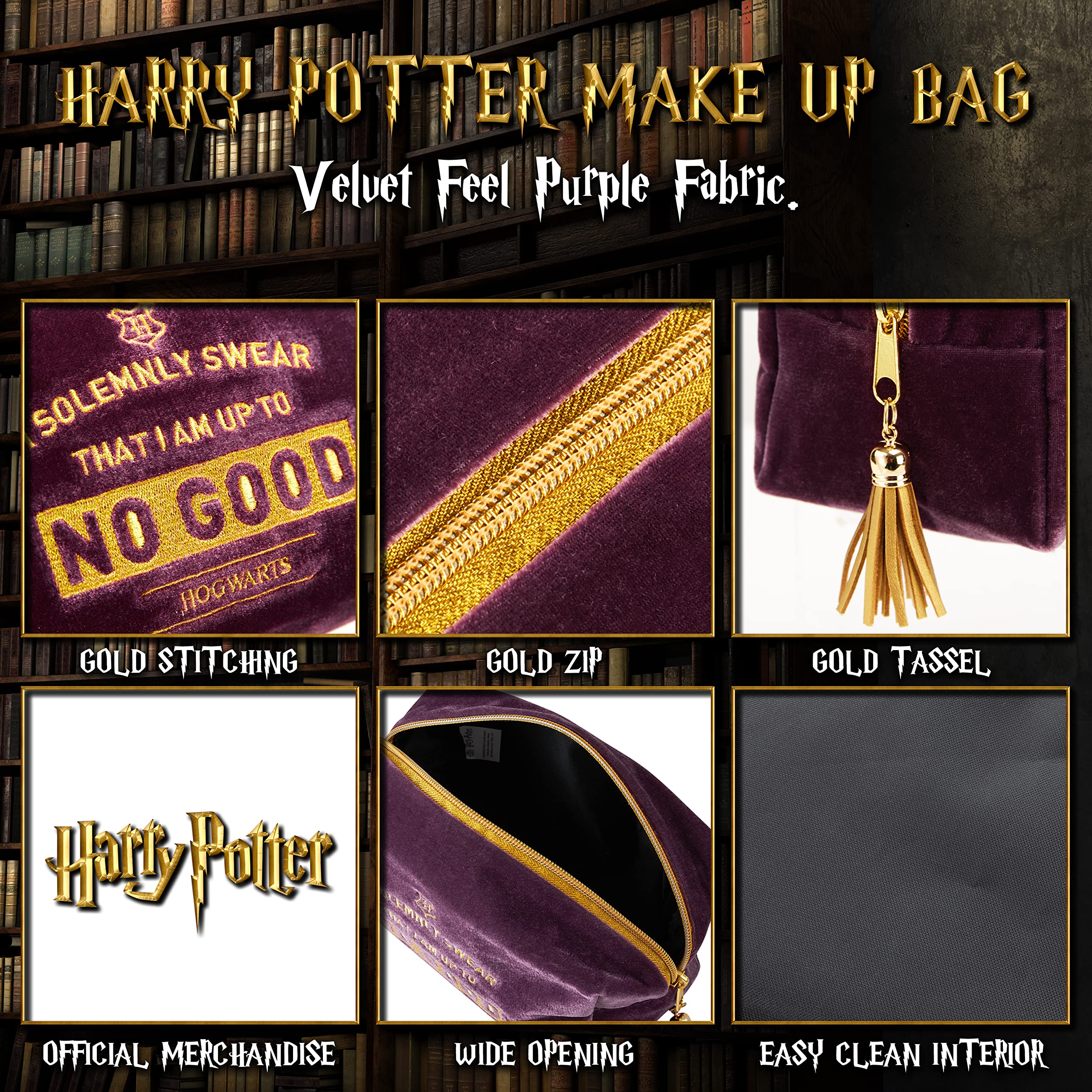 Harry Potter velvet makeup bag in hand demonstrates portable travel organizer.