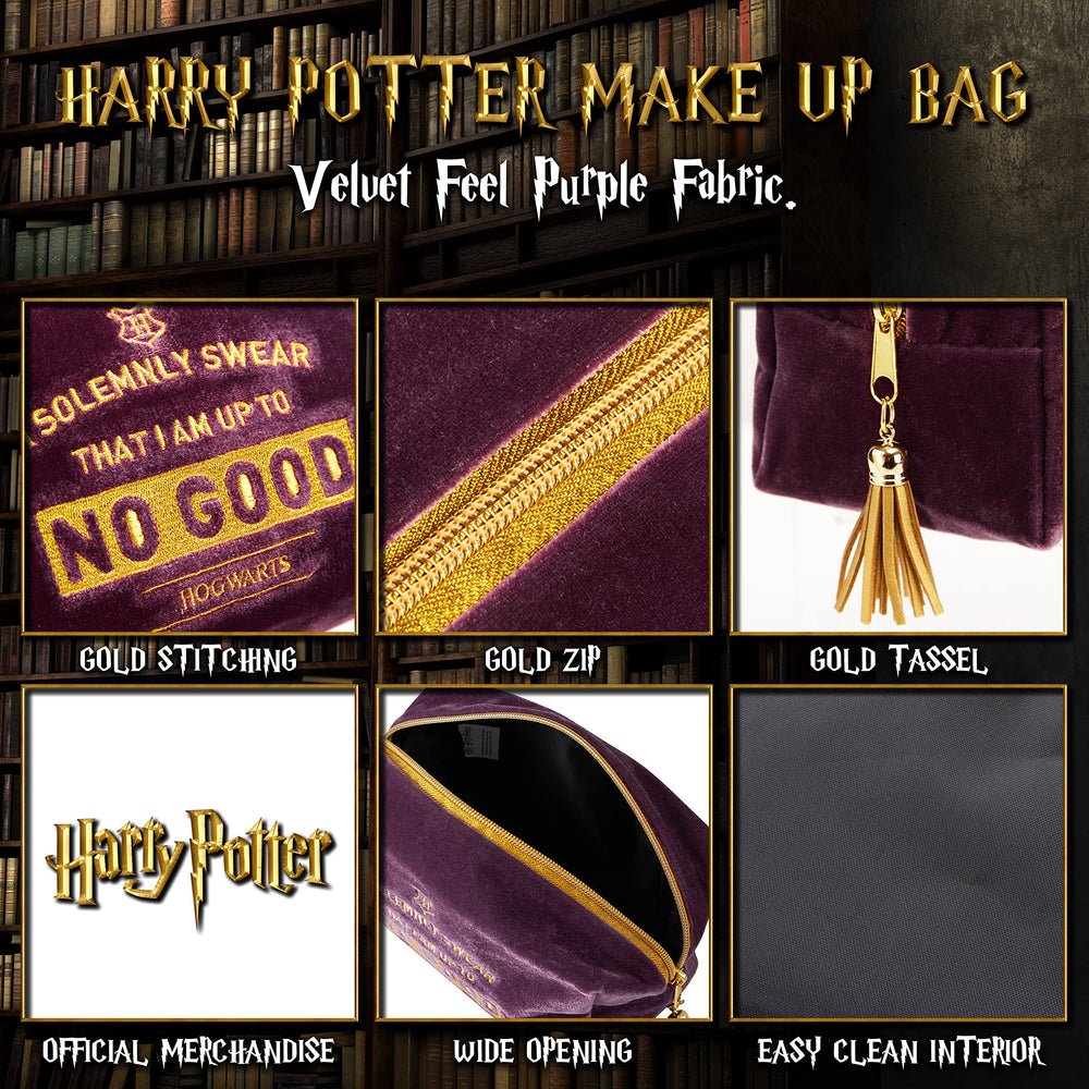 Harry Potter velvet makeup bag in hand demonstrates portable travel organizer.