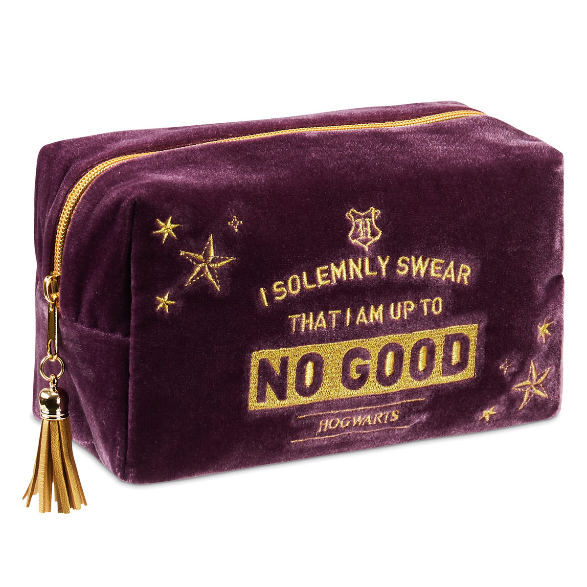 Harry Potter velvet makeup bag texture closeup shows soft plush material and rich purple hue.