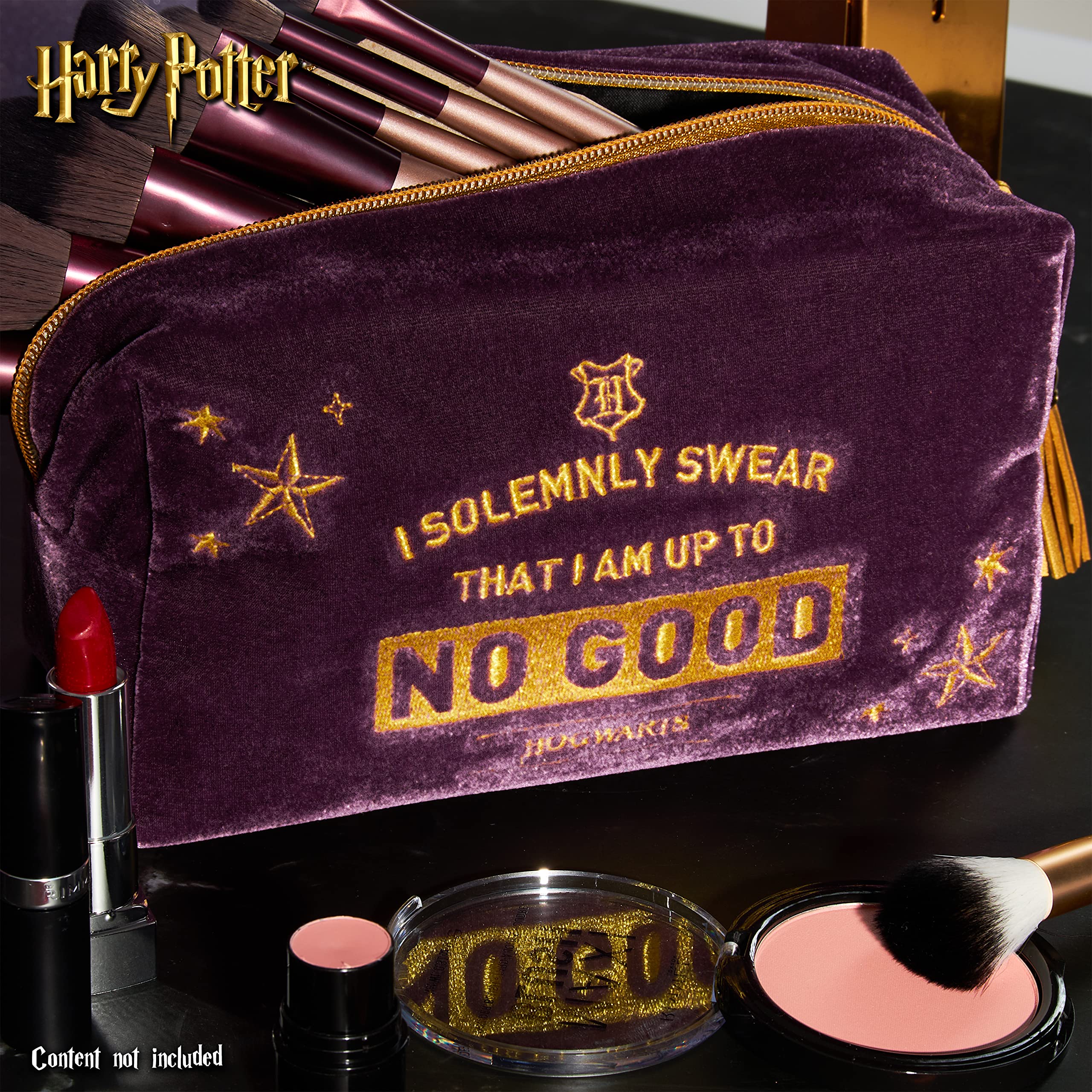 Harry Potter velvet makeup bag with travel essentials ready in a compact pouch.